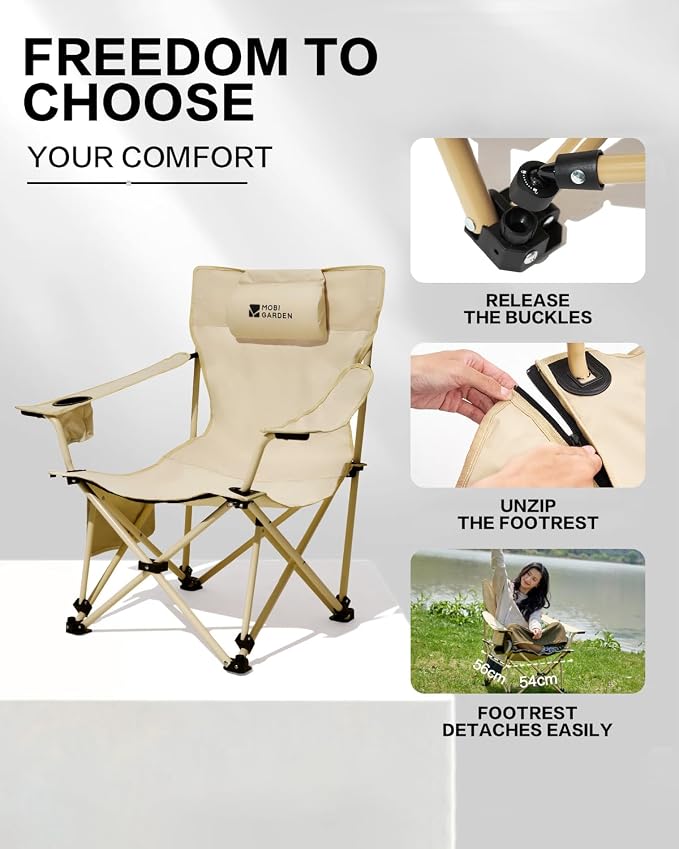 MOBI GARDEN Reclining Camping Chair with Foot Rest, 4-Position Adjustable Folding Lounge Chair for Adults, Portable & Detachable Footrest – Black - Solid Back