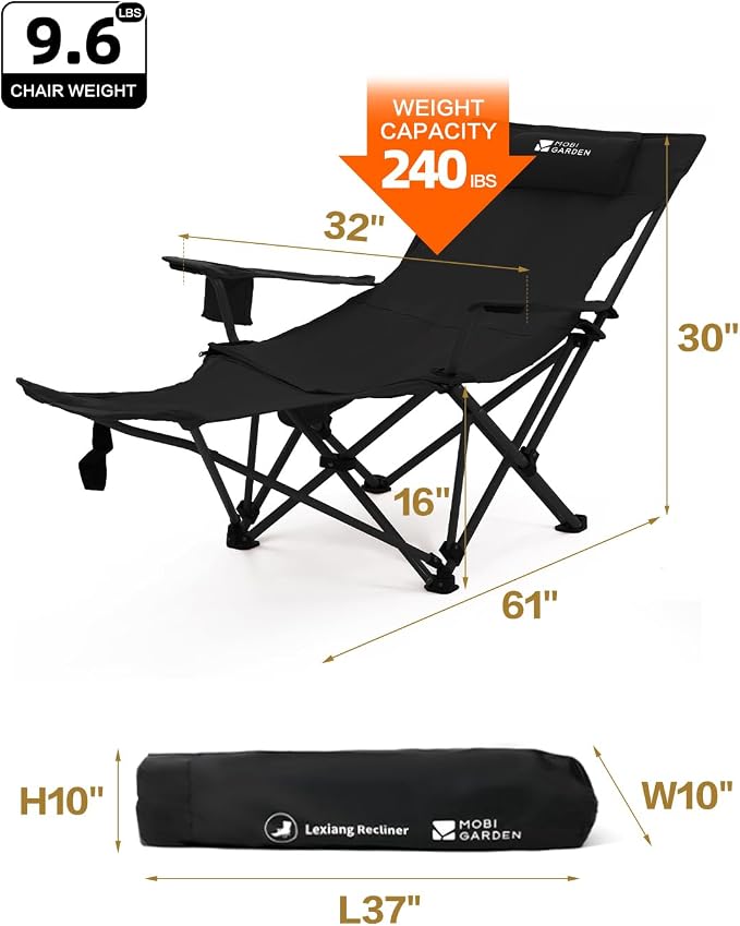 MOBI GARDEN Reclining Camping Chair with Foot Rest, 4-Position Adjustable Folding Lounge Chair for Adults, Portable & Detachable Footrest – Black - Solid Back