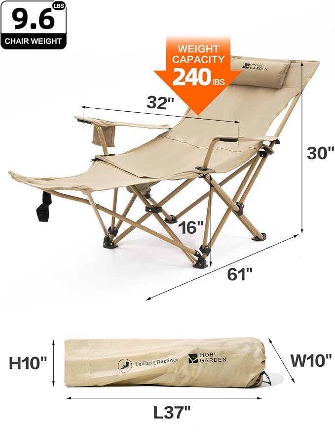 MOBI GARDEN Reclining Camping Chair with Foot Rest, 4-Position Adjustable Folding Lounge Chair for Adults, Portable & Detachable Footrest – Sand - Solid Back