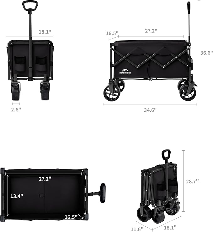 Naturehike Big Wheels Collapsible Wagon Cart, 300lbs Capacity Beach Wagons for Sand, Heavy Duty Foldable Cart with Brakes, Portable Utility Folding Garden Cart for Outdoor
