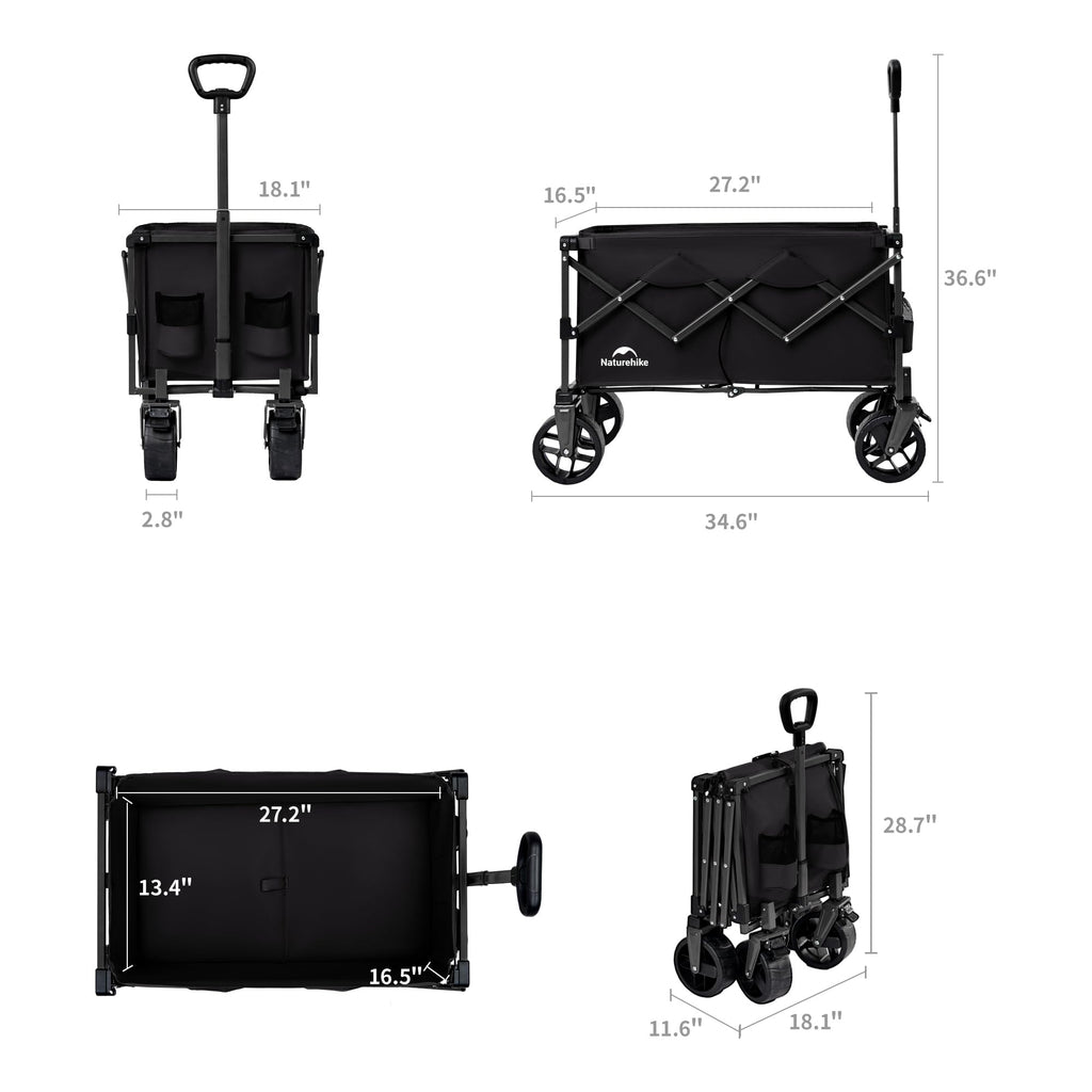 Naturehike Big Wheels Collapsible Wagon Cart, 300lbs Capacity Beach Wagons for Sand, Heavy Duty Foldable Cart with Brakes, Portable Utility Folding Garden Cart for Outdoor