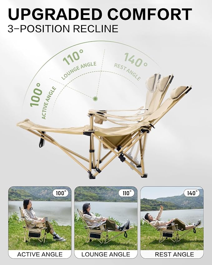 MOBI GARDEN Reclining Camping Chair with Foot Rest, 4-Position Adjustable Folding Lounge Chair for Adults, Portable & Detachable Footrest – Sand - Solid Back