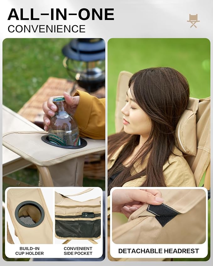 MOBI GARDEN Reclining Camping Chair with Foot Rest, 4-Position Adjustable Folding Lounge Chair for Adults, Portable & Detachable Footrest – Sand - Solid Back