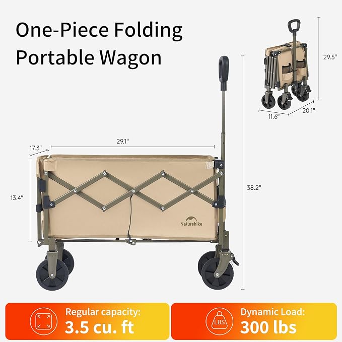 Naturehike Big Wheels Collapsible Wagon Cart, Extra Long Extender Wagon Cart, Brown