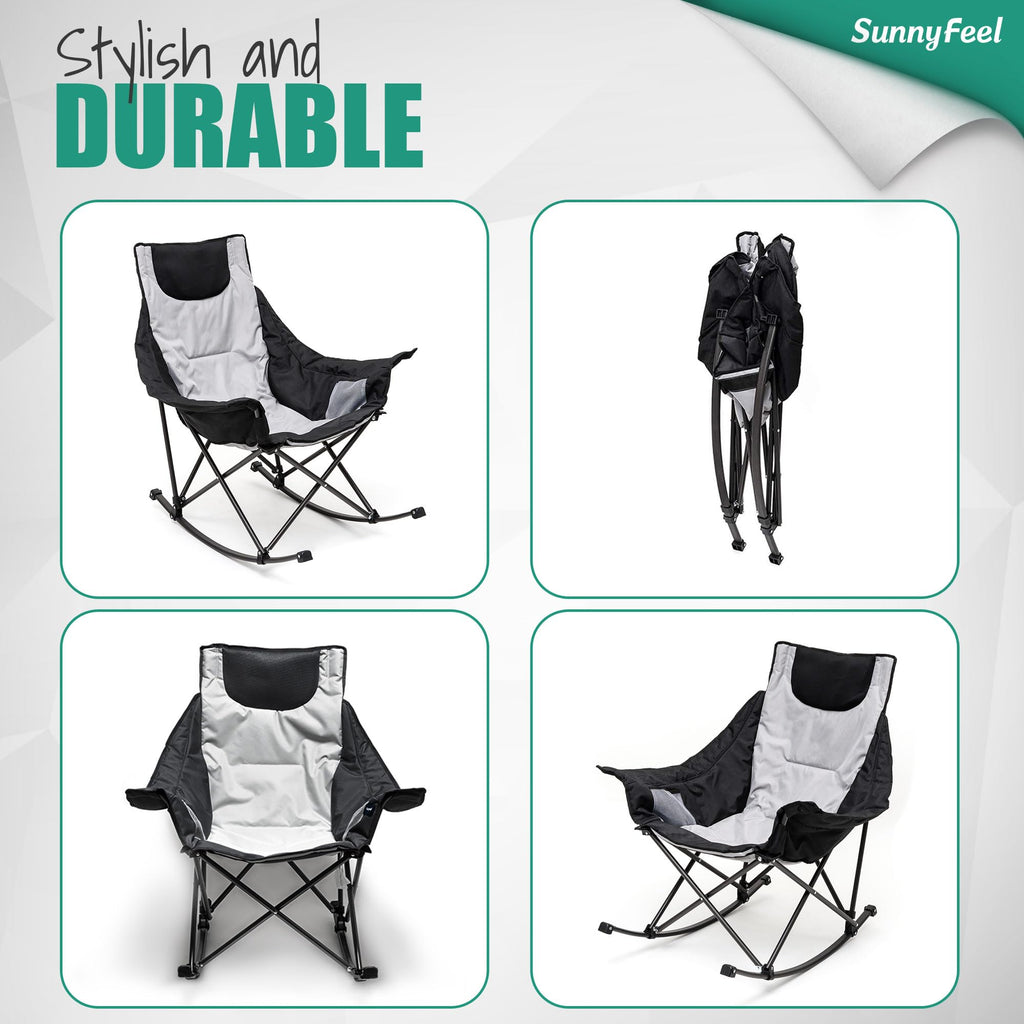 SUNNYFEEL Oversized Rocking Camping Chair, Fully Padded Patio Chair with Side Pocket, High Back Portable Lawn Recliner with Headrest, Outdoor Camp Rocker Chairs for Adults Heavy Duty 500 LBS Carry Bag