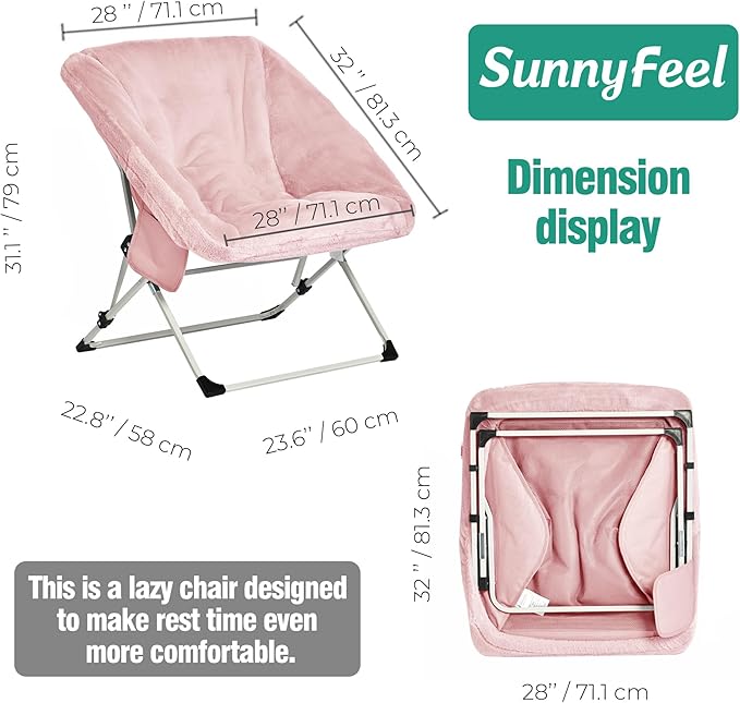 SUNNYFEEL Comfy Folding Saucer Chair for All Seasons,Removal Faux Fur Soft Chair for Adults,Reading Chair for Living Room, Bedroom, Dorm, Metal Frame Moon Chair(Pink)