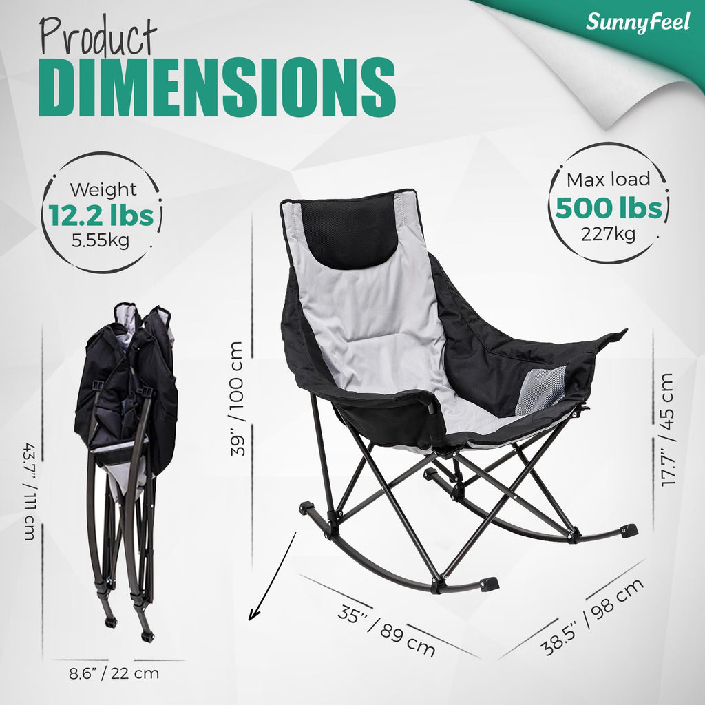 SUNNYFEEL Oversized Rocking Camping Chair, Fully Padded Patio Chair with Side Pocket, High Back Portable Lawn Recliner with Headrest, Outdoor Camp Rocker Chairs for Adults Heavy Duty 500 LBS Carry Bag