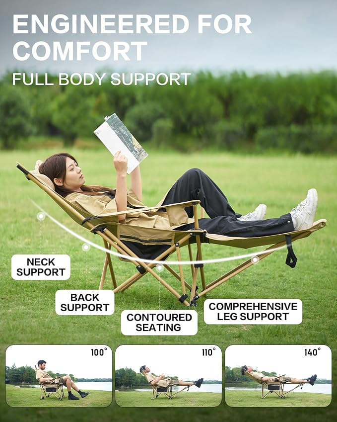 MOBI GARDEN Reclining Camping Chair with Foot Rest, 4-Position Adjustable Folding Lounge Chair for Adults, Portable & Detachable Footrest – Sand - Solid Back