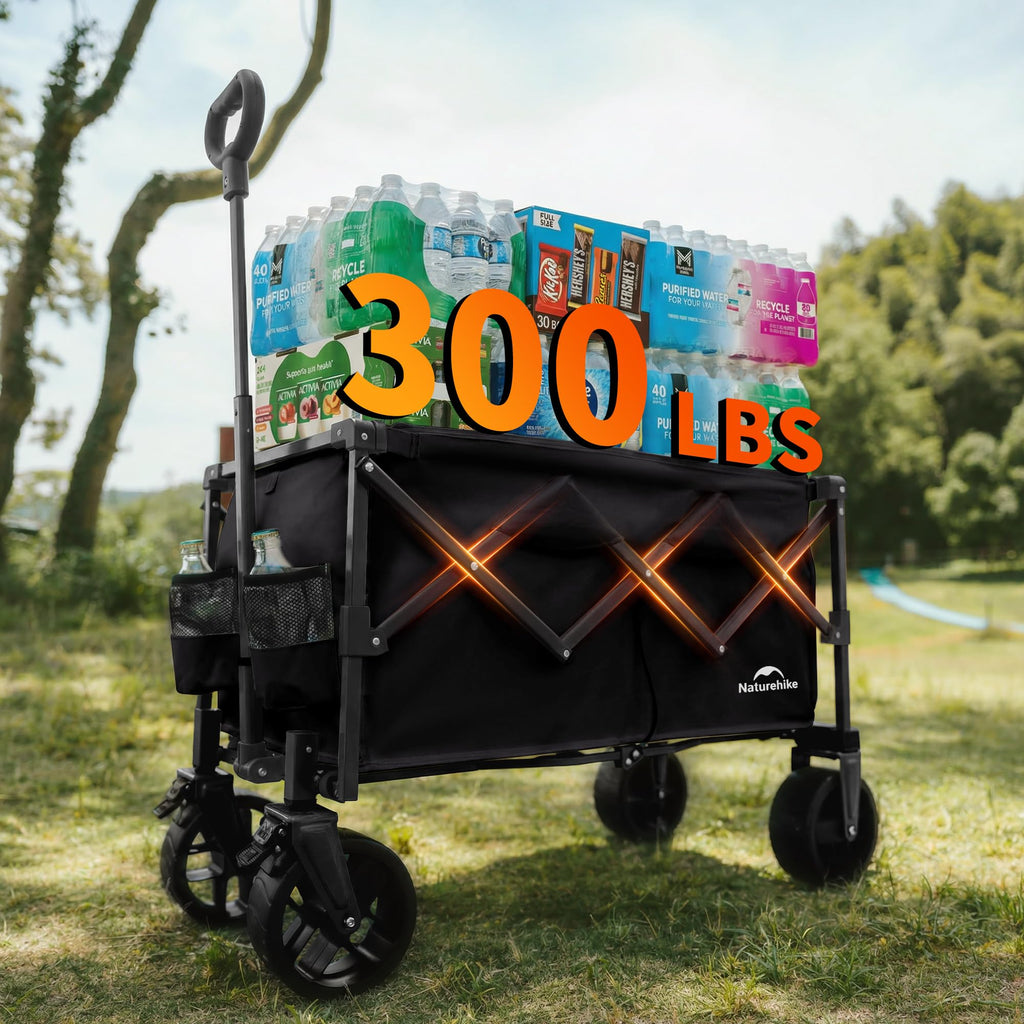 Naturehike Big Wheels Collapsible Wagon Cart, 300lbs Capacity Beach Wagons for Sand, Heavy Duty Foldable Cart with Brakes, Portable Utility Folding Garden Cart for Outdoor