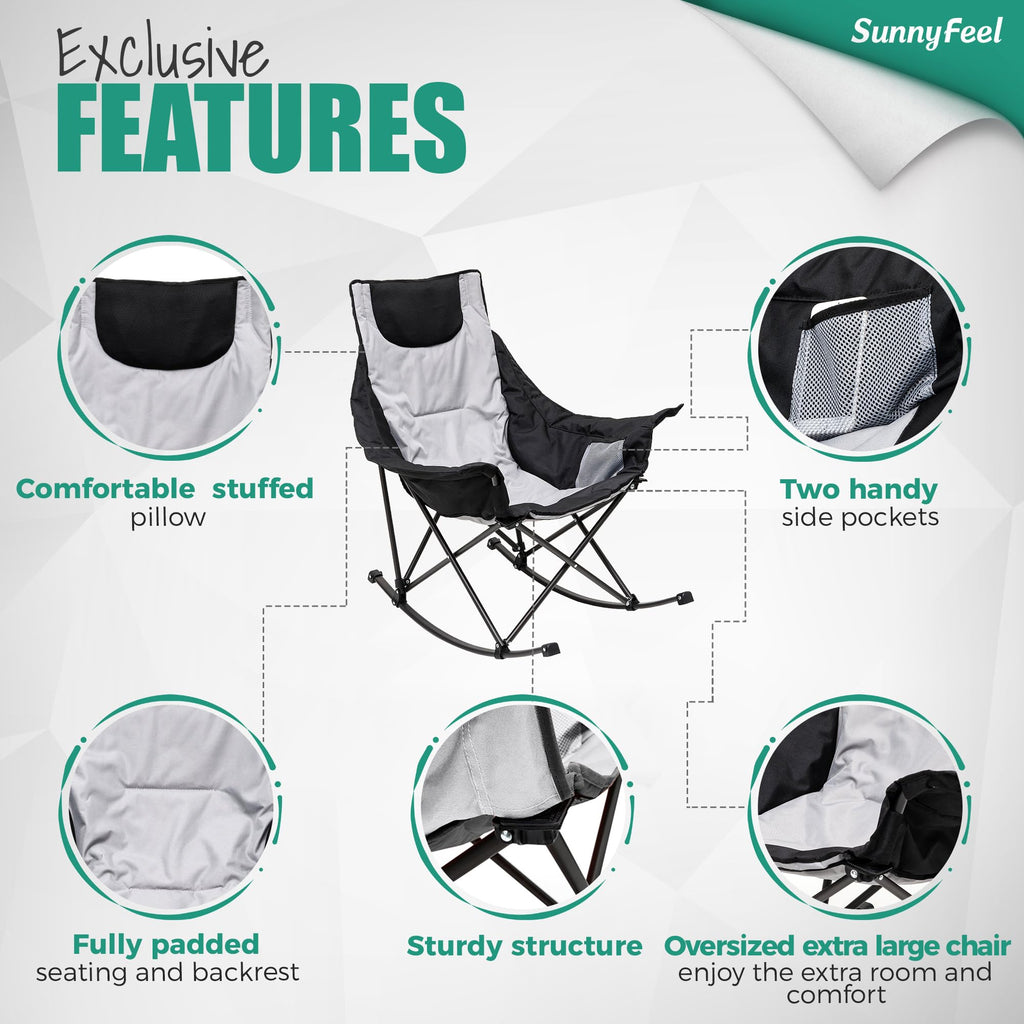 SUNNYFEEL Oversized Rocking Camping Chair, Fully Padded Patio Chair with Side Pocket, High Back Portable Lawn Recliner with Headrest, Outdoor Camp Rocker Chairs for Adults Heavy Duty 500 LBS Carry Bag