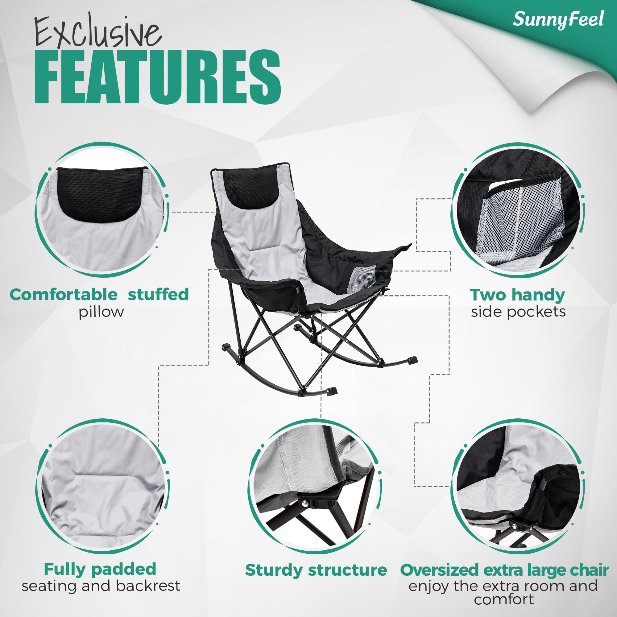 SUNNYFEEL Oversized Rocking Camping Chair, Fully Padded Patio Chair with Side Pocket, High Back Portable Lawn Recliner with Headrest, Outdoor Camp Rocker Chairs for Adults Heavy Duty 500 LBS Carry Bag