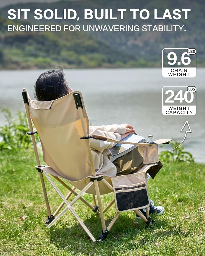 MOBI GARDEN Reclining Camping Chair with Foot Rest, 4-Position Adjustable Folding Lounge Chair for Adults, Portable & Detachable Footrest – Black - Solid Back