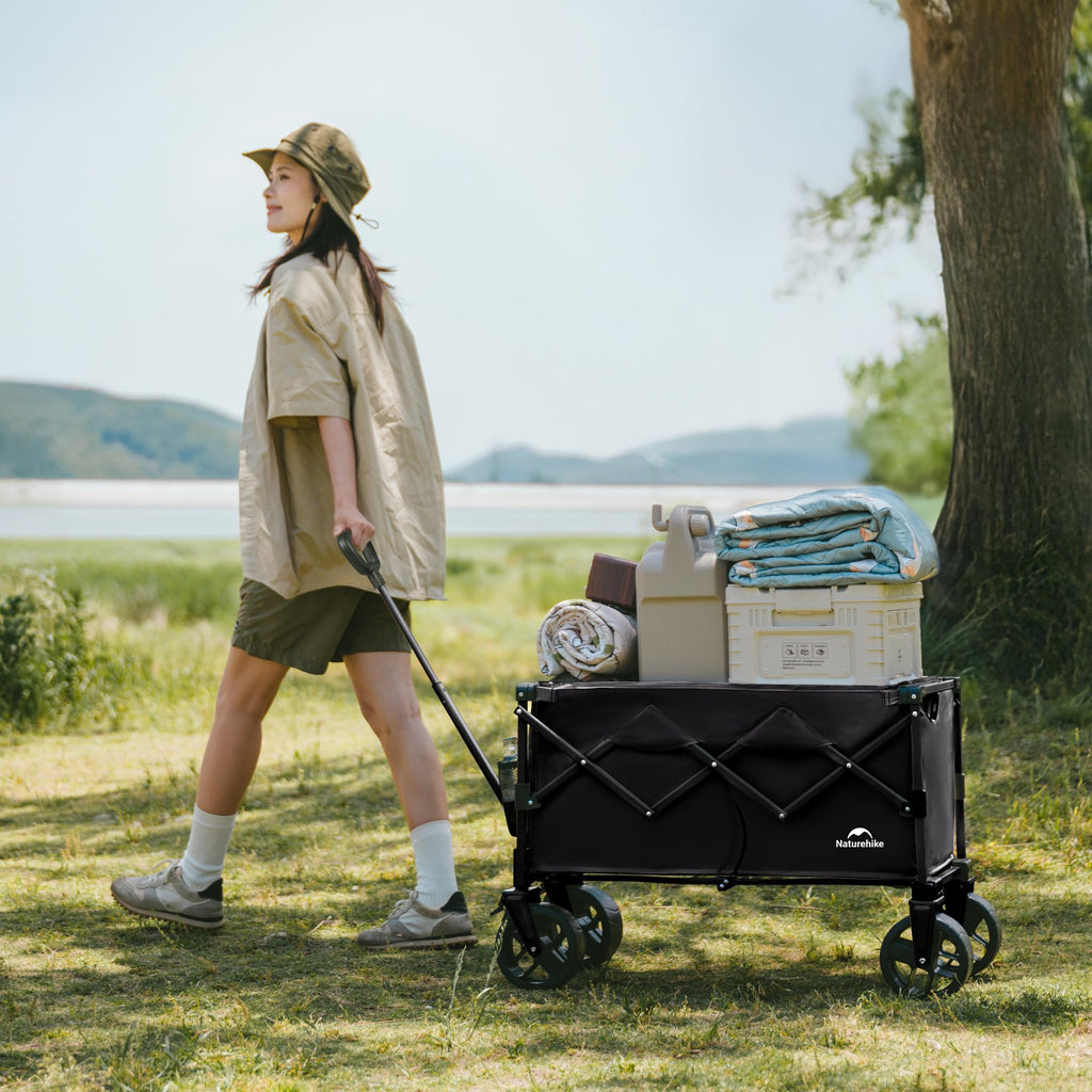 Naturehike Big Wheels Collapsible Wagon Cart, 300lbs Capacity Beach Wagons for Sand, Heavy Duty Foldable Cart with Brakes, Portable Utility Folding Garden Cart for Outdoor