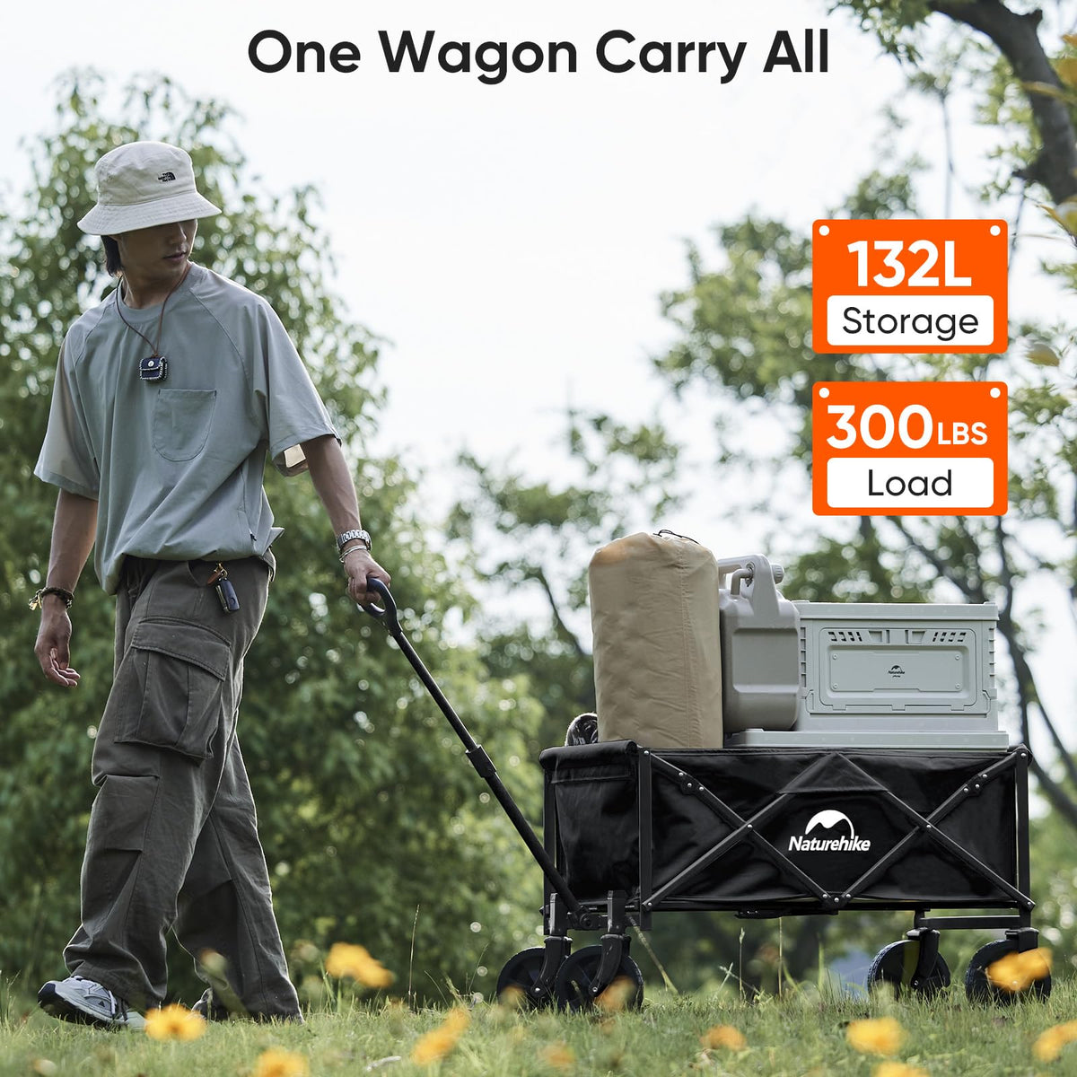 Naturehike Collapsible Wagon, 300LBS Capacity, Black Iron Steel Frame, Adjustable Aluminum Handle, All-Terrain Swivel Wheels, Garden Cart, Utility Wagon