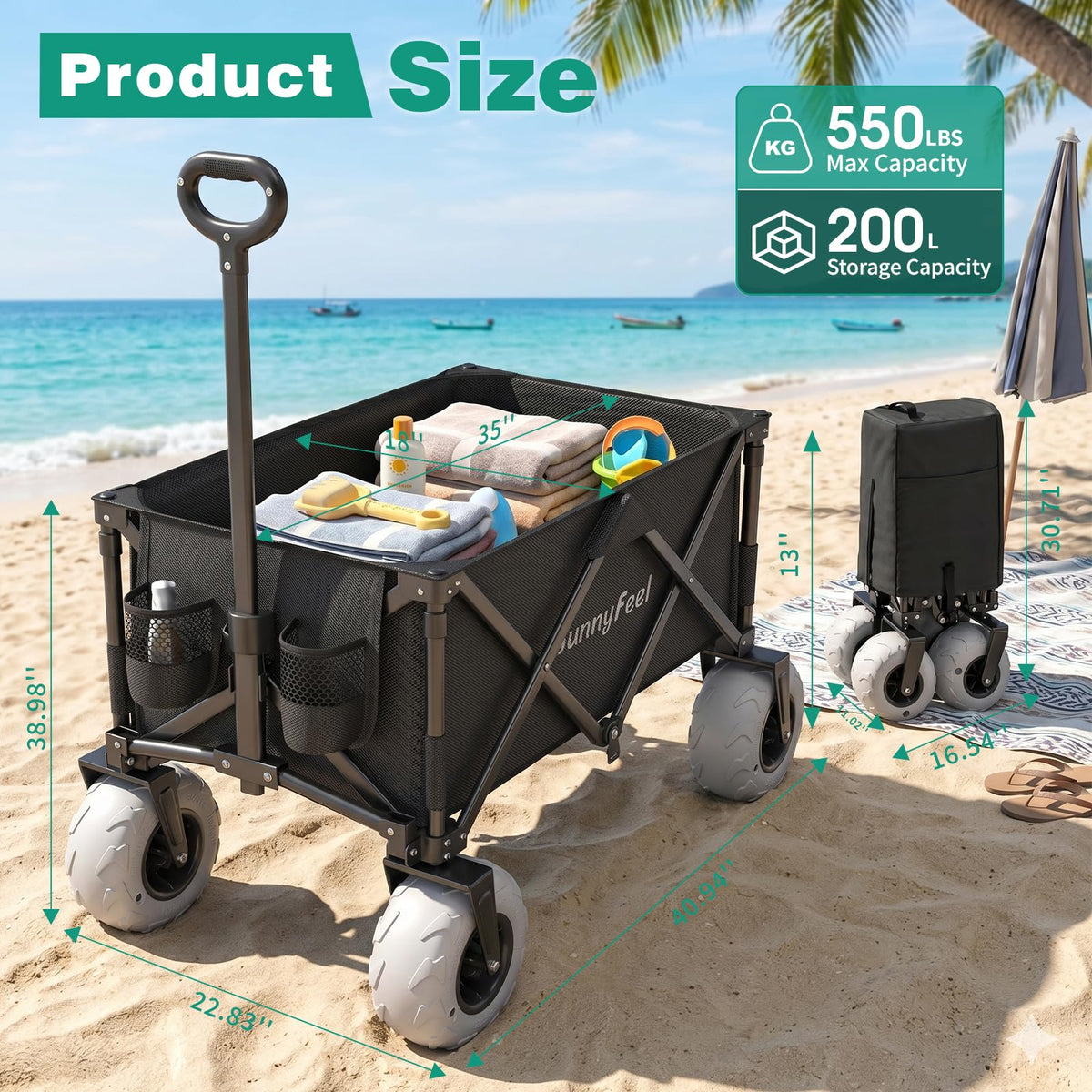 SUNNYFEEL 550LBS Beach Wagon with Big Wheels for Sand - 200L Heavy Duty