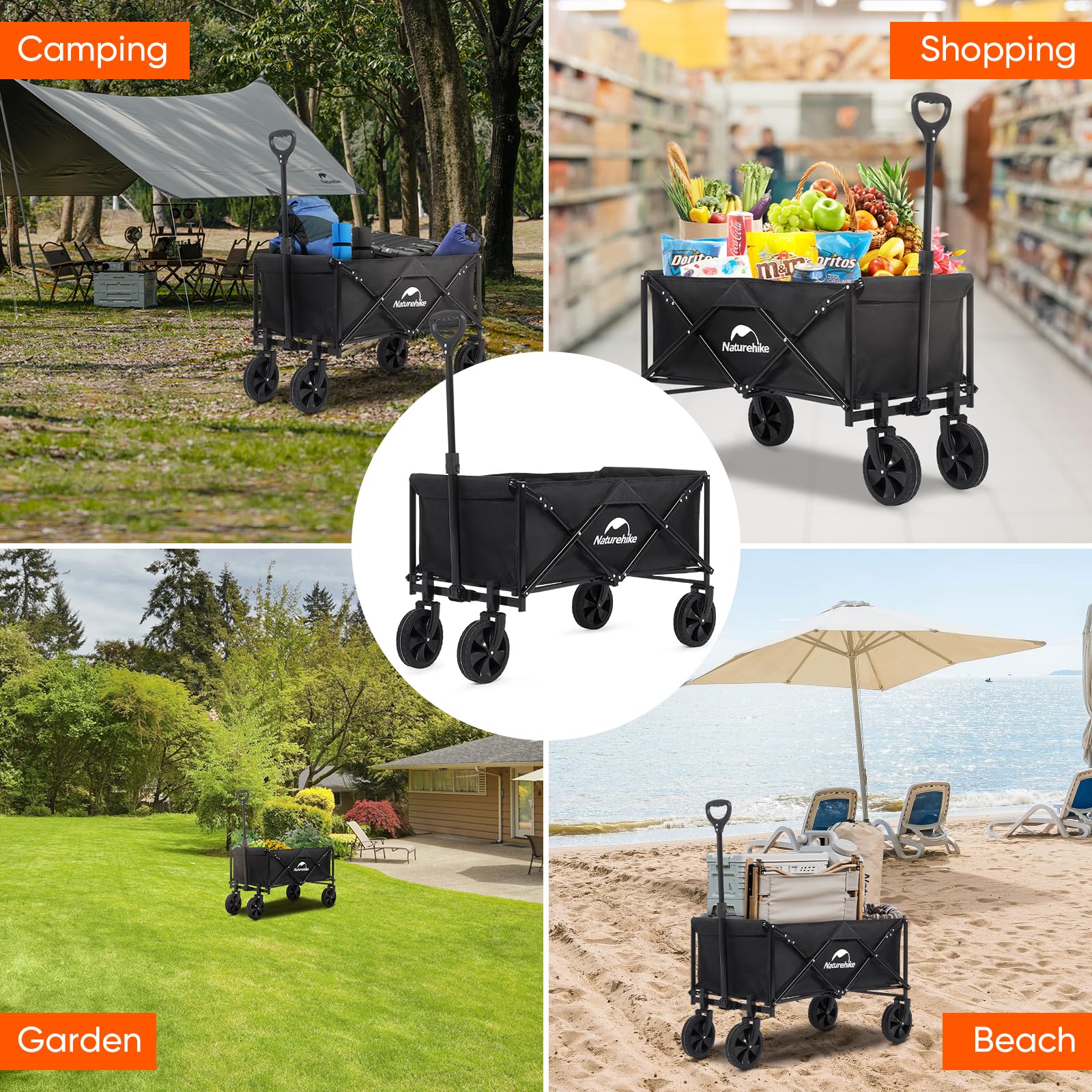 Naturehike Collapsible Wagon, 300LBS Capacity, Black Iron Steel Frame, Adjustable Aluminum Handle, All-Terrain Swivel Wheels, Garden Cart, Utility Wagon