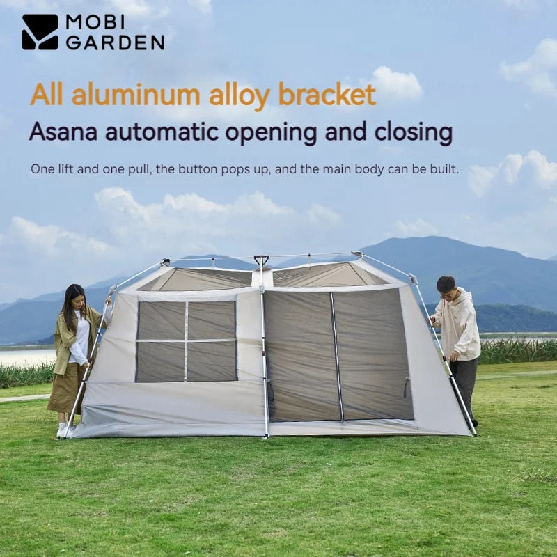 Mobi Garden HOLIDAY Series 10.9 Fast Automatic Cabin Style Tent 4-7 Person Large Sunscreen Waterproof Black Vinyl Coated Village Mountain Residence