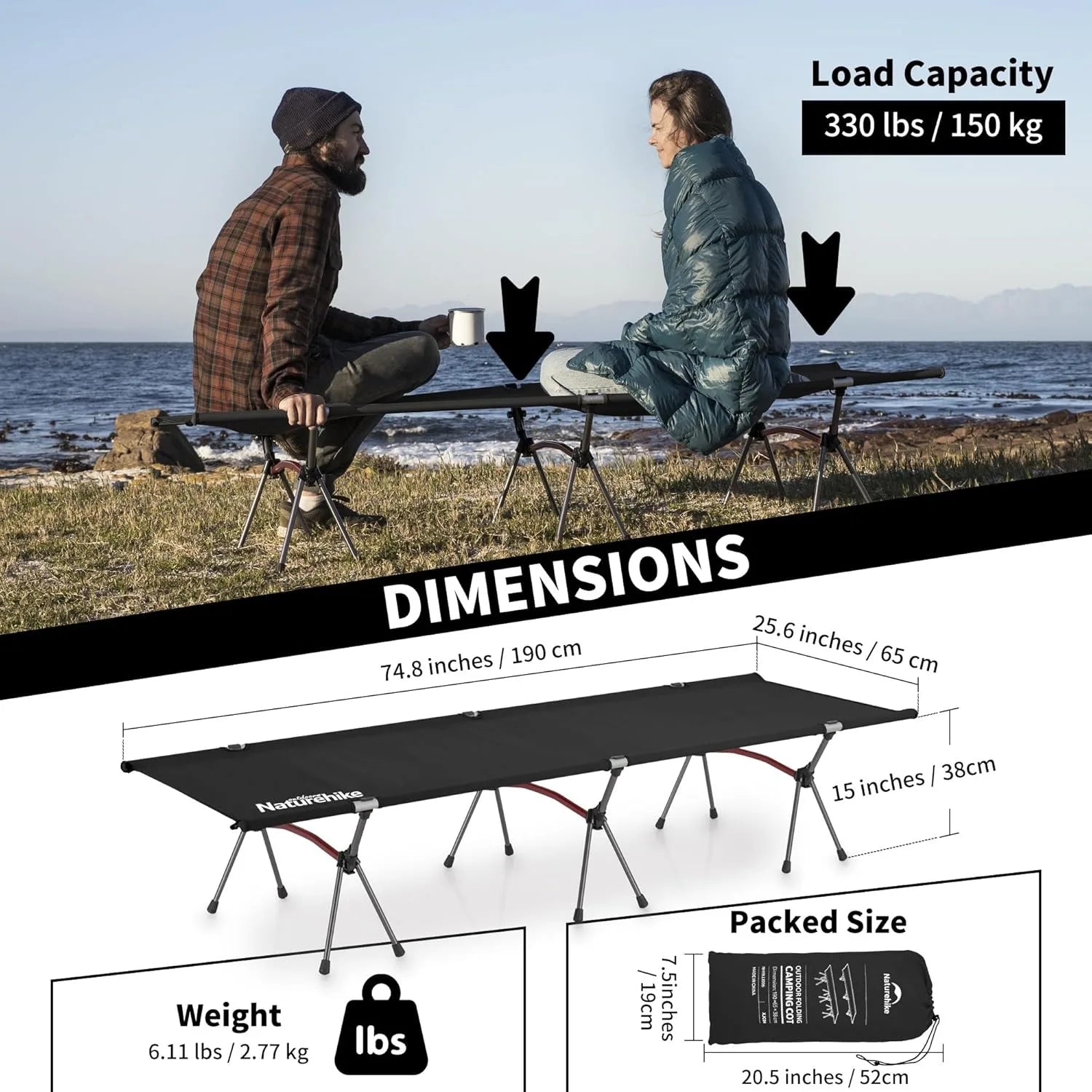 Naturehike Folding Camping Cot Height Adjustable Ultralight Backpacking Cot Portable Outdoor Travel Camping Bed Tent Bed