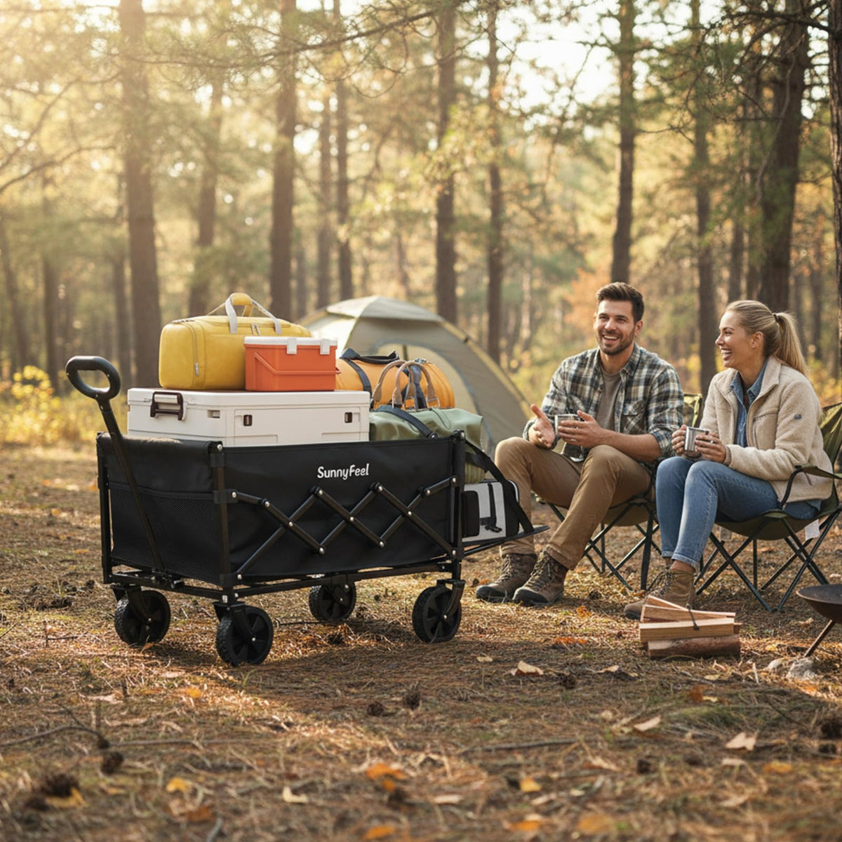 SunnyFeel 330lbs Foldable Wagon with Extended Tailgate — Heavy-Duty Collapsible Cart (Black)