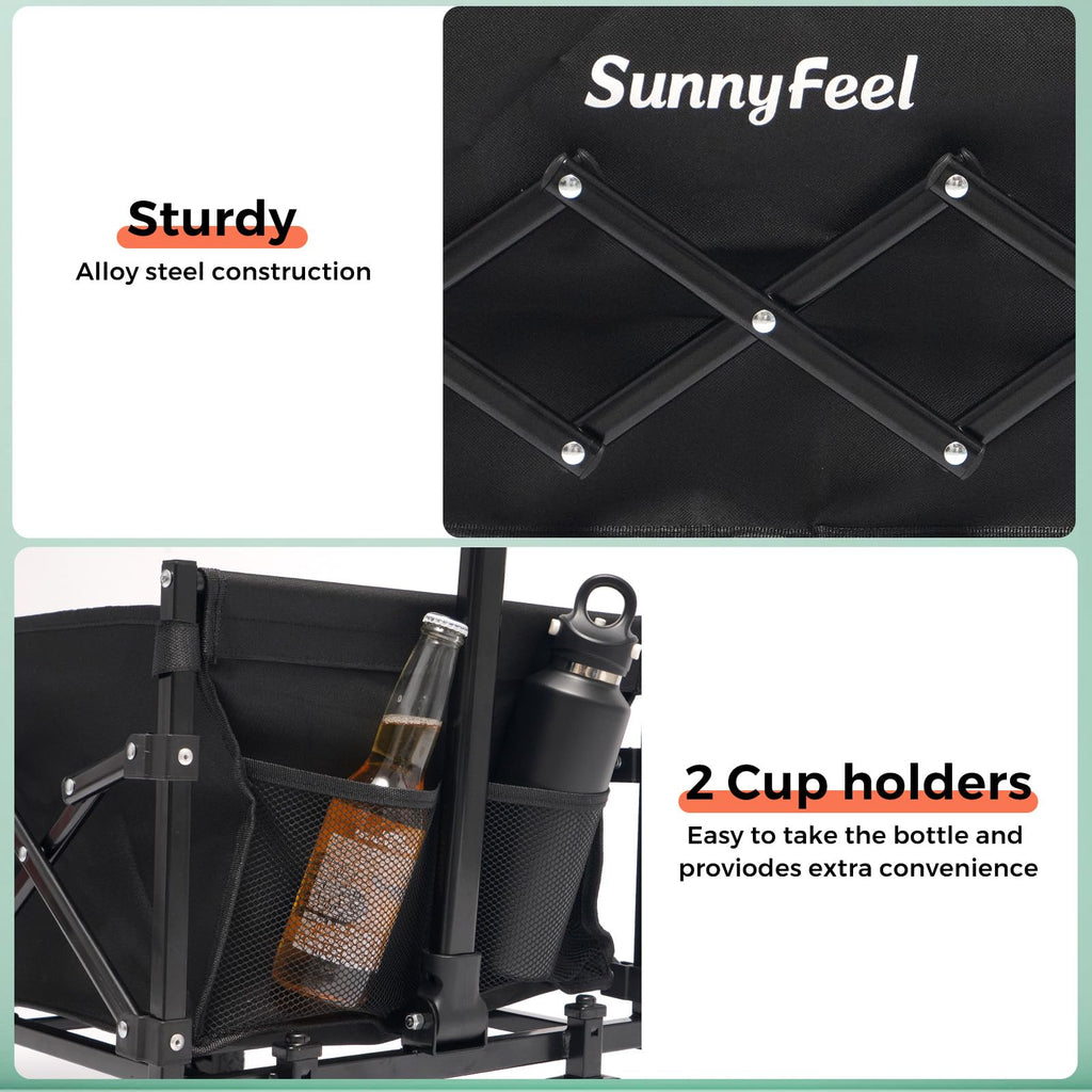 SunnyFeel 330lbs Foldable Wagon with Extended Tailgate — Heavy-Duty Collapsible Cart (Black)