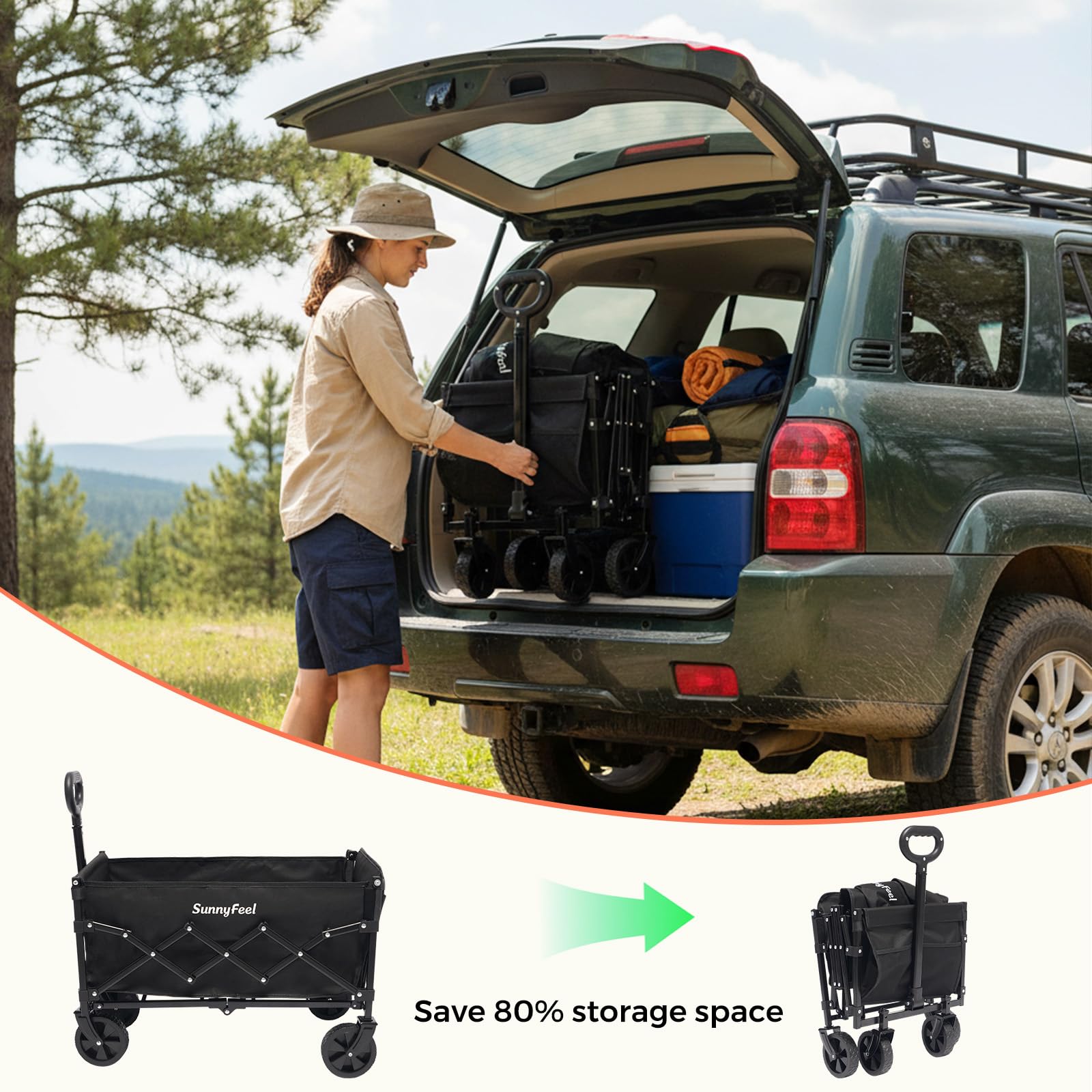 SunnyFeel 330lbs Foldable Wagon with Extended Tailgate — Heavy-Duty Collapsible Cart (Black)
